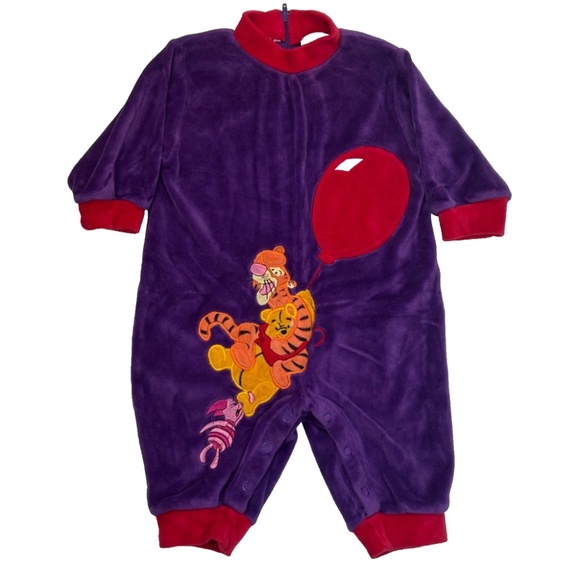 VTG 90s Disney Store Winnie the Pooh Romper 6M Embroidered Velour Tigger Piglet - Picture 1 of 8